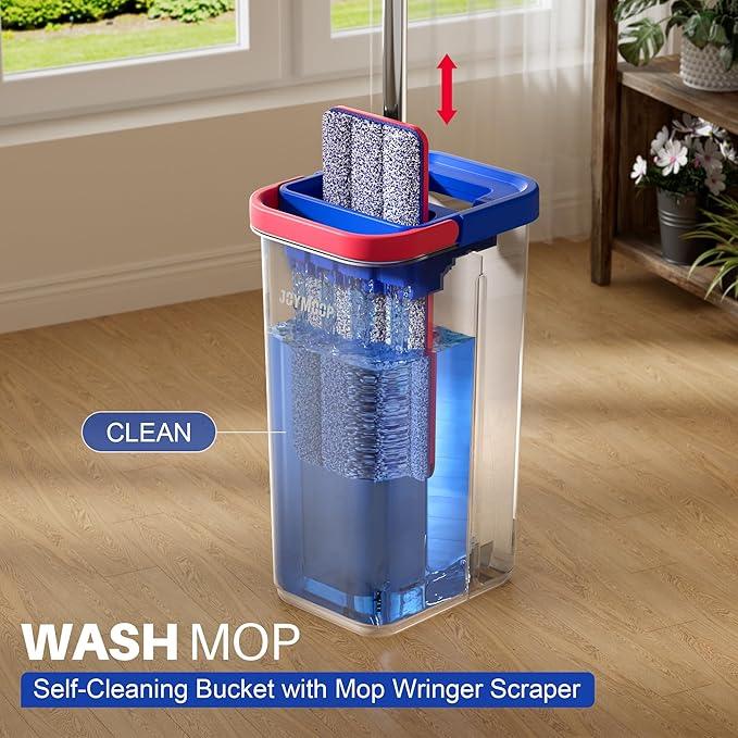 JOYMOOP Microfiber Flat Mop and Bucket System, Mops for Floor Cleaning and Wall Cleaner, Hardwood, Tile, Laminate, Vinyl Floors, Smooth Walls, and Glass Windows - 60" Flat Mop+5 Microfiber Pads[Black] - NeatNest