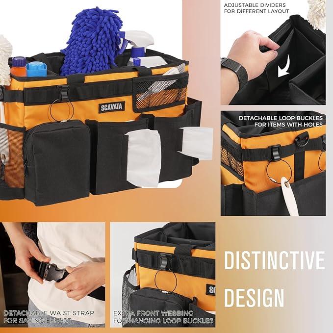 Wearable Cleaning Caddy Bag, Cleaning Caddy Supplies Organizer with Handle & Shoulder Straps for Housekeepers, Under Sink & Car Cleaning Tool Organizers with 4 Foldable Divider (Orange) - NeatNest
