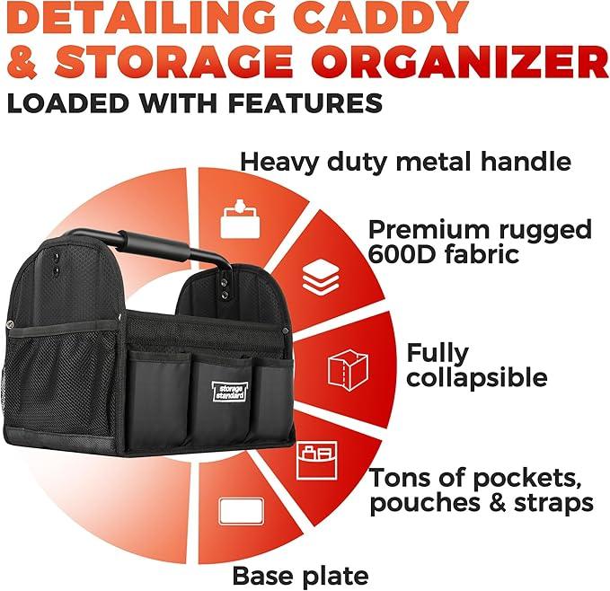 Detailing Caddy Organizer with Handle - Storage, Cars, & Cleaning Caddy for Supplies, Tools, & Home Improvement - Heavy Duty Car Detailing Supplies With Multi-Pockets & Collapsible Tote Design - NeatNest