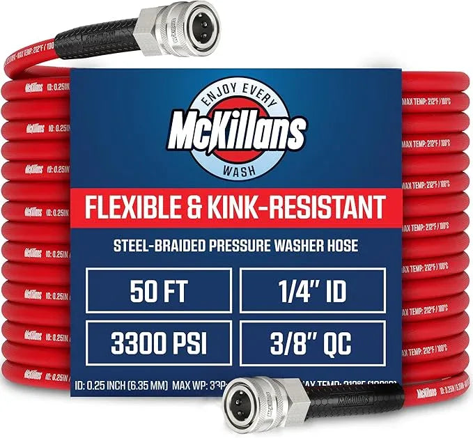 McKillans® QC Installed Pressure Washer Hose 50 ft - Flexible & Kink-resistant - Steel-Braided & Durable- 3/8" QC Pre-Installed Stainless Steel - Power Washer Hose - High Pressure 1/4" Inner Diameter - NeatNest