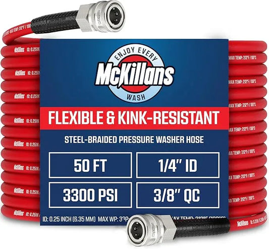McKillans® QC Installed Pressure Washer Hose 50 ft - Flexible & Kink-resistant - Steel-Braided & Durable- 3/8" QC Pre-Installed Stainless Steel - Power Washer Hose - High Pressure 1/4" Inner Diameter - NeatNest