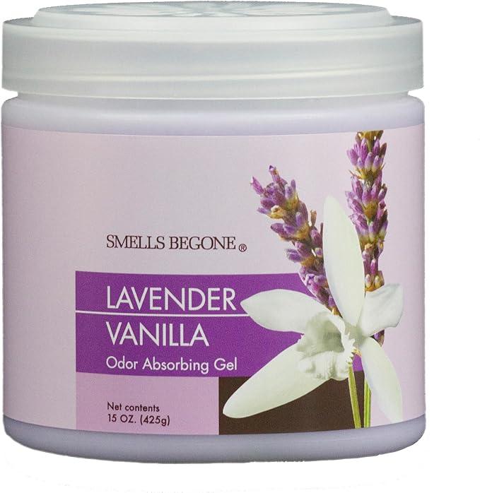 SMELLS BEGONE 15oz Gel Odor Eliminator - Absorb & Remove Tough Odors in Pet Areas, Bathrooms, Basements, Garage, Cars, RVs & Boats - Eliminate Odors with Essential Oils (Lavender Vanilla) - NeatNest