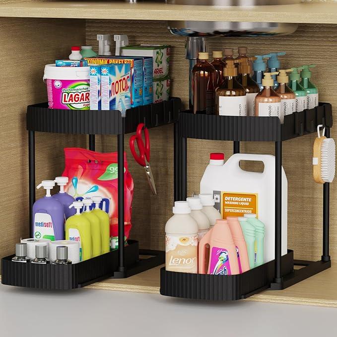 Multi-Purpose Pull-Out Storage Organizers, Under Sink/Cabinet Organizers and Storage for Bathroom & Kitchen, Black, 12.8 Inches, 2 Packs - NeatNest