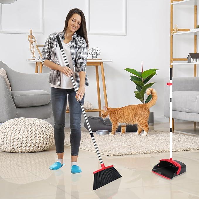 NACENA Broom and Dustpan Set, 52-in Long Adjustable Handle Broom Dustpan Combo with Dustpan Teeth to Automatically Clean Hair Suitable for Home Kitchen Office Hall Floor (Black&Red), 4 Pack - NeatNest