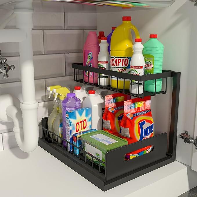 REALINN Under Sink Organizer, Pull Out Cabinet Storage 2 Tier Slide Out Sink Shelf, Kitchen Organizers and Storage, Black, 1 Pack - NeatNest