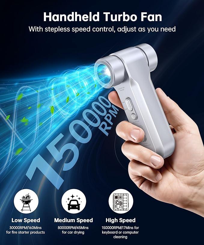 Compressed Air Duster-150000RPM Metal Electric Air Blower with LED Light and Stepless Speed Regulation, USB Rechargeable Mini Portable Cordless Motor Air Blower for Computer,Keyboard, House and Car - NeatNest