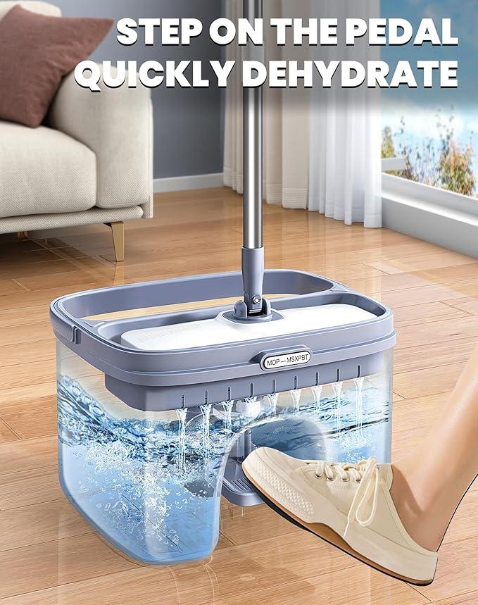 Flat Microfiber Mop and Bucket Set with Wringer, 360° Spin Mop for Floor & Wall Cleaning, 17.7x9in Wide Head, 4 Washable Pads, Hands-Free - NeatNest