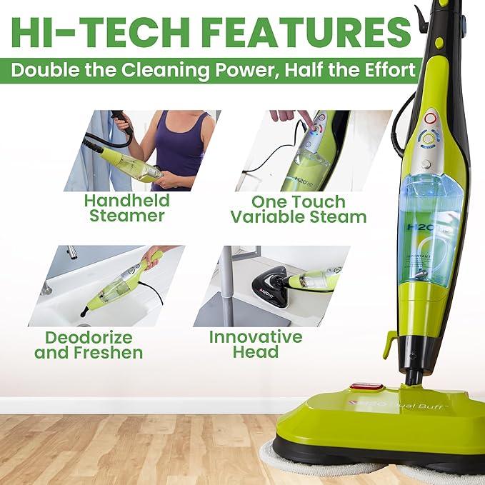 H2O HD Dual Buff Steam Mop, 8 in 1 Handheld Steam Cleaner For Kitchen Tile Floors, Hardwood Floors, Grout Cleaner, Upholstery Cleaner and Carpets, 2 washable scrub pads, 8 cleaning accessories - NeatNest