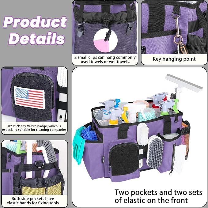 Wearable Cleaning Caddy Bag, Cleaning Organizer with Handles, Cleaning Supply Tote with Adjustable Shoulder Strap for Cleaners & Housekeeper (Purple, 13.4'' x 7.3'' x 9.3'') - NeatNest