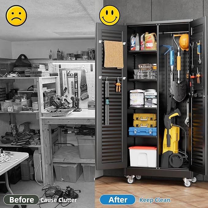 SUXXAN Broom Closet with Wheels 71"x 31.5"x15.75", Metal Cleaning Cabinets with Louvered Doors Hooks and Hanging Rods, Lockable Cabinet with Pegboard, Adjustable Shelf,for Garage, Laundry Room - NeatNest