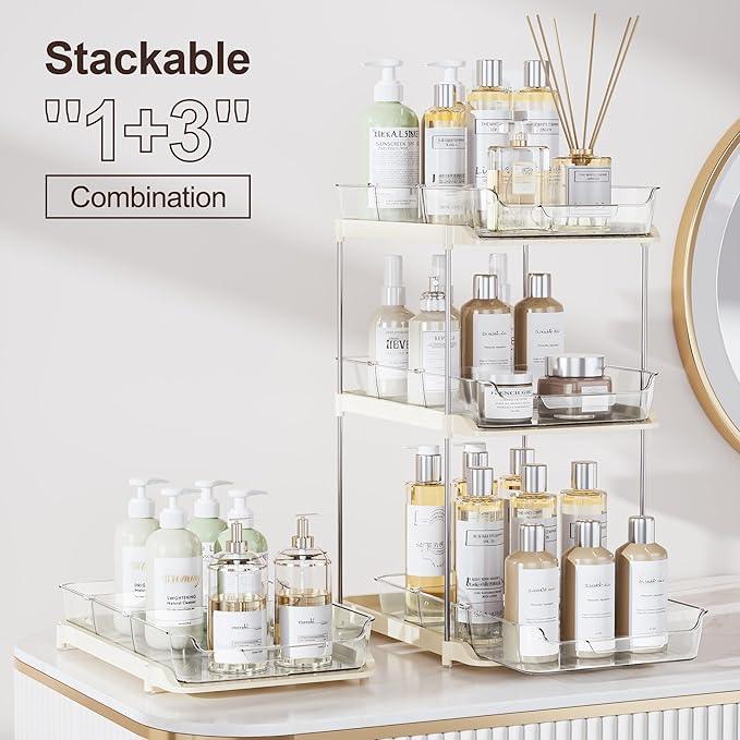 Delamu 2-Tier Multi-Purpose Bathroom Under Sink Organizers and Storage, Stackable Kitchen Pantry Organization, Pull Out Medicine Cabinet Organizer with Movable Dividers, Beige, 2 Pack - NeatNest