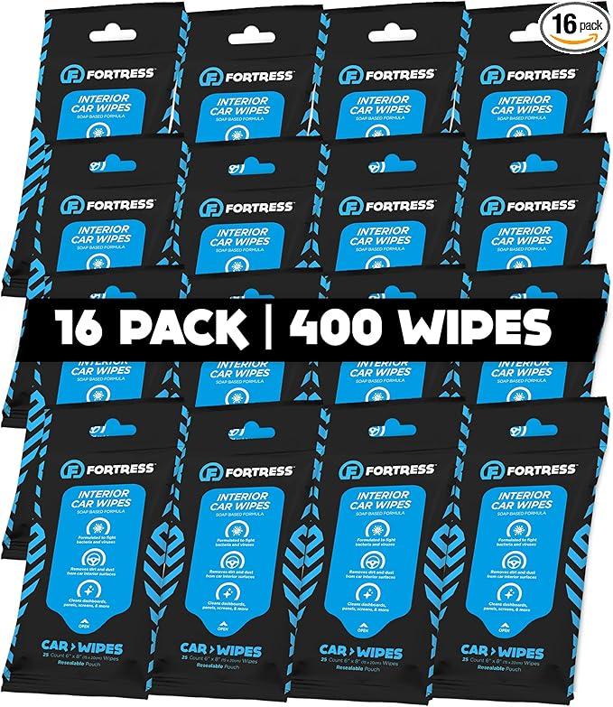 Fortress Car Interior Wipes (25 ct, Pack of 16) for Car Interior Cleaning, Dashboard, Seats, Detailing, and Steering Wheel [Travel Size] Skin-Safe Car Interior Cleaner Supplies - NeatNest