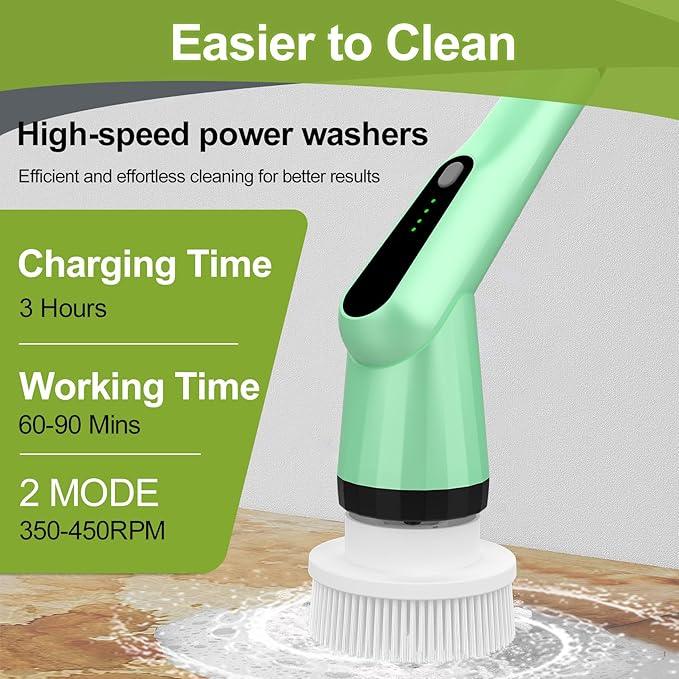 Electric Spin Scrubber, Shower Scrubber with Long Handle Adjustable, 2 Speed & 7 Replaceable Brush Heads Shower Cleaner Brush, Electric Scrubber for Cleaning Bathroom Tile Floor Bathtub Green - NeatNest