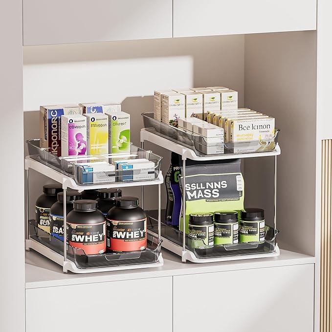 Delamu 2-Tier Multi-Purpose Bathroom Under Sink Organizers and Storage, Stackable Kitchen Pantry Organization, Pull Out Medicine Cabinet Organizer with Movable Dividers, Grey, 2 Pack - NeatNest