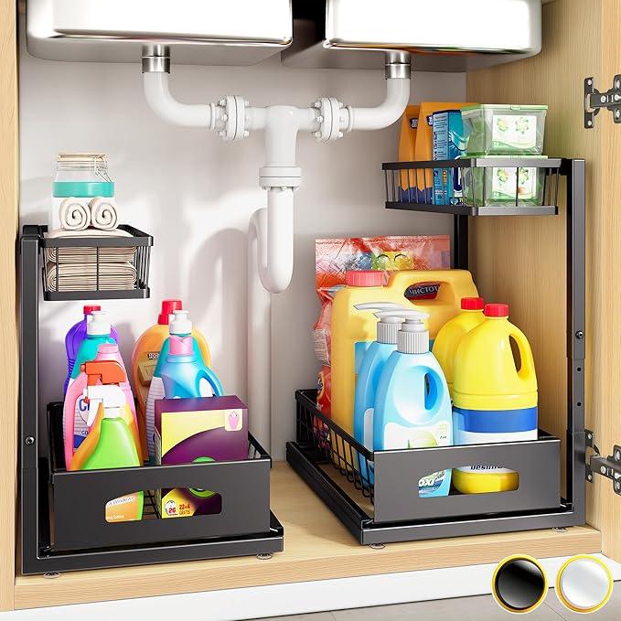 Under Sink Organizer , 2 Pack Height Adjustable Cabinet Organizer with Slide Out Drawer, Pull Out Under Sink Storage, Multi-Purpose 2 Tier Sink Shelves for Kitchen Bathroom Pantry (Black, 2 Pack) - NeatNest