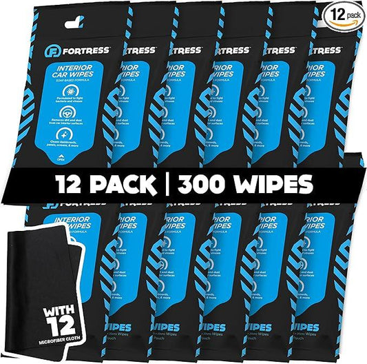Fortress Car Interior Wipes with Microfiber Cloth (25 ct, Pack of 12) for Car Interior Cleaning, Dashboard, Seats, Detailing, and Steering Wheel [Travel Size] Skin-Safe Car Interior Cleaner Supplies - NeatNest