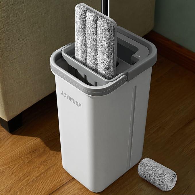 JOYMOOP Microfiber Flat Mop and Bucket System, Mops for Floor Cleaning and Wall Cleaner, Hardwood, Tile, Laminate, Vinyl Floors, Smooth Walls, and Glass Windows - 50" Flat Mop+1 Microfiber Pad[White] - NeatNest