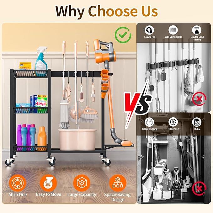 Broom Holder with Cleaning Supplies Organizer Load 350 LBS Cleaning Cart with Wheels Broom Closet Storage with 3-Tier Shelves, 6 Mop Hanger Grippers, 3 Double-Hooks, Vacuum Stand for Laundry Garage - NeatNest