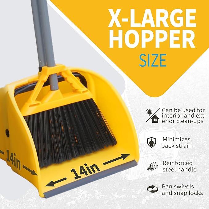 Commercial Broom and Dustpan Set, Jumbo Lobby Debris Dustpan (14inch*14inch), Heavy Duty Broom (14inch Width),for Indoor and Outdoor Cleaning,2 Sets, Yellow - NeatNest