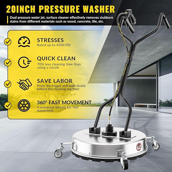 20'' Pressure Washer Surface Cleaner,4500PSI Power Washer Surface Cleaner Attachment with Wheels,Dual Handle,Stainless Steel Housing, 3/8'' Quick-Connect for Driveway Sidewalk Curb Deck Patio Cleaning - NeatNest
