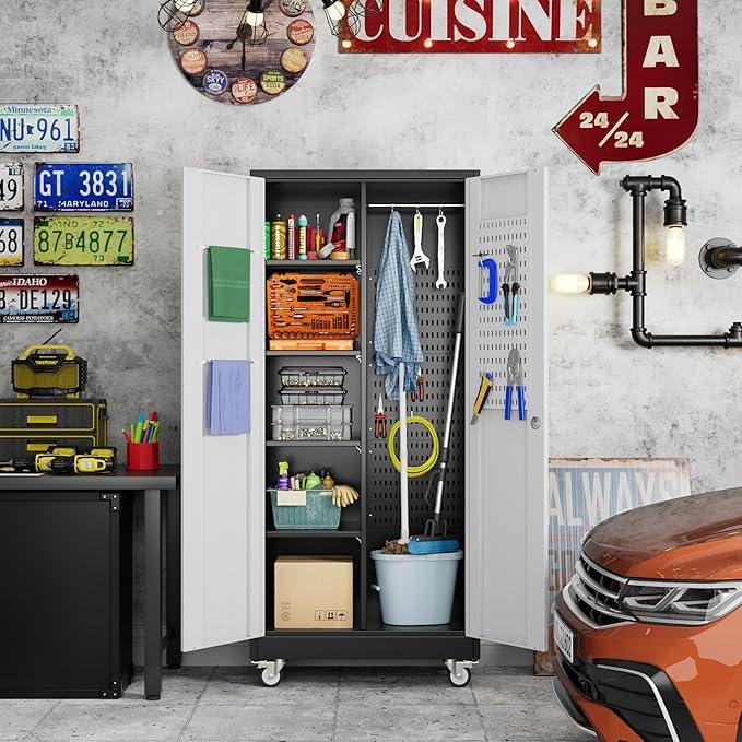 SUXXAN Broom Closet Storage Cabinet with Wheels 71.4"x 31.5"x15.7", Metal Cleaning Cabinets with Hooks and Hanging Rods, Lockable Cabinet with Pegboard, Adjustable Shelf(Black/White) - NeatNest