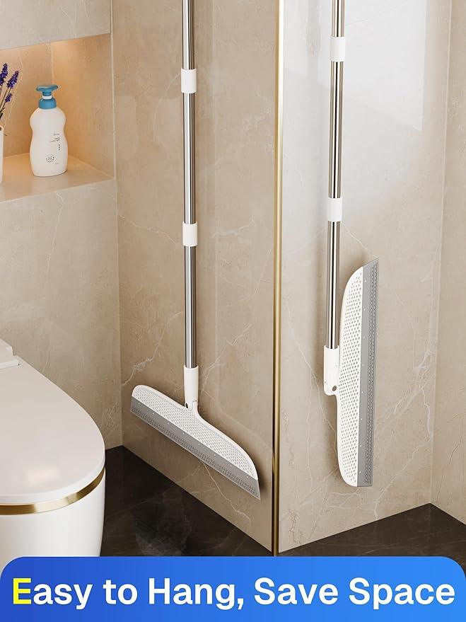 Silicone Floor Squeegee & Broom – Long Handle Hair Remover for Water, Pet Hair – for Bathroom, Tile, Concrete, Garage, Deck, Glass – Indoor Outdoor Cleaning Tool – White - NeatNest