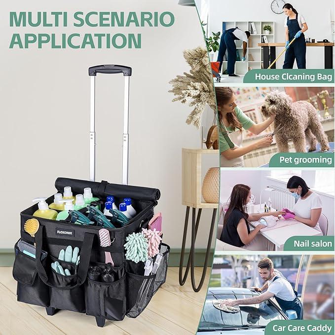 Large Rolling Cleaning Caddy Bag with Wheels, with Detachable Trolley, Cleaning Bags on Wheels for Housekeepers, Cleaning Cart Supplies Organizer for Home, Car, Picnic (Black) - NeatNest