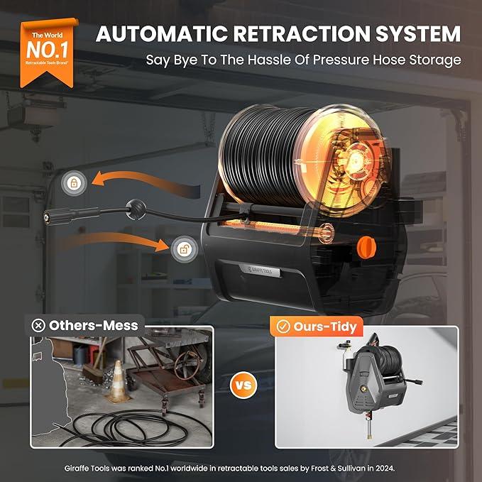 Giraffe Tools Grandfalls Pressure Washer G30B, Max 2900 PSI, 2.2 GPM, Electric Wall Mounted Pressure Washer with 100ft Black Pressure Hoses, Foam Cannon, 4-Nozzles for Car/Driveways, Dark Silver - NeatNest