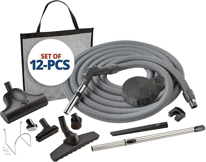 Central Vac System Carpet and Bare Floor Air Turbine Pet Care Attachment Set for Cleaning Home, Includes 30FT Crushproof Hose, Air turbine and Soft-Bristle Brush, Crevice Tool, Wand & Mesh Storage Bag - NeatNest
