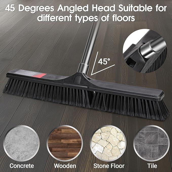Push Broom Outdoor Heavy Duty,Masthome 24" Push Broom with Stiff Bristles,Heavy Duty Garden Broom,Outdoor Stiff Sweeping Broom for Garage Yard Patio Deck Concrete Wood Stone Floors Scrub and Cleaning - NeatNest