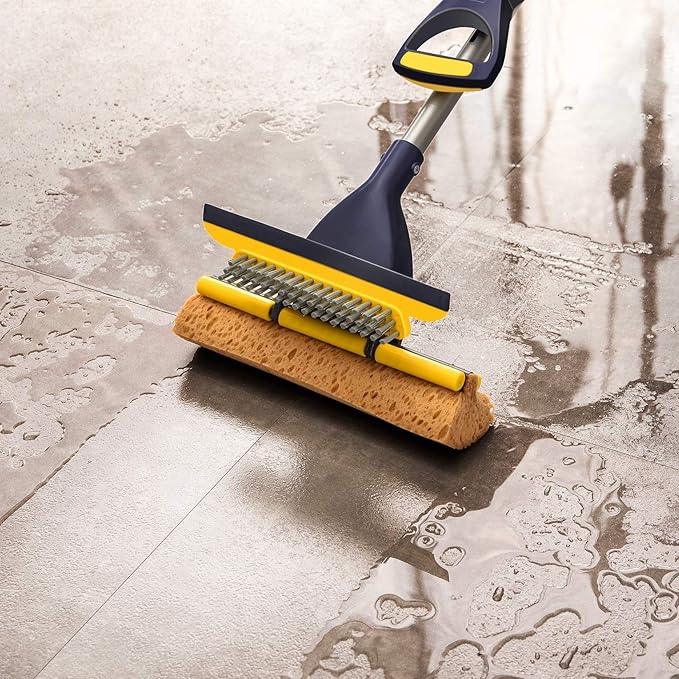 Yocada Sponge Mop Home Commercial Use Tile Floor Bathroom Garage Cleaning Total 3 Sponge Heads Squeegee and Extendable Telescopic Long Handle 42.5 to 52 Inches Easily Dry Wringing Only 3 Heads - NeatNest