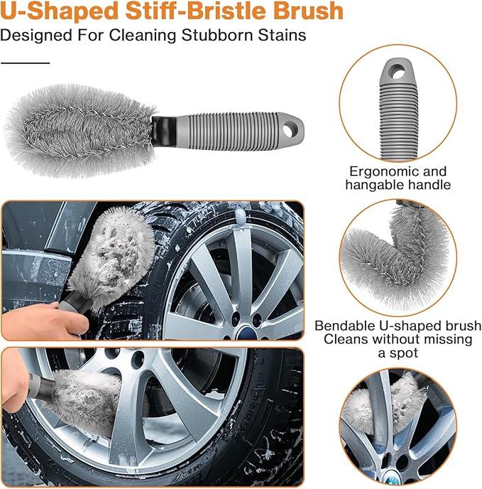 Preciva 5PCS Car Wheel & Tire Brush Kit -Car Cleaning Kit, Wheel Cleaner Brush, Soft-bristled Rim Brush, Car Drying Towel, Car Detailing Cleaning Wash Brush Supplies Kit for Interior Exterior Wheels - NeatNest