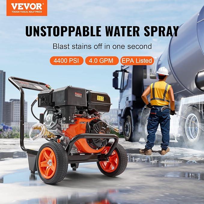 VEVOR Gas Pressure Washer, 4400 PSI 4.0 GPM, Gas Powered Pressure Washer with Copper Pump, Spray Gun and Extension Wand, 5 Quick Connect Nozzles, for Cleaning Cars, Homes, Driveways, Patios - NeatNest