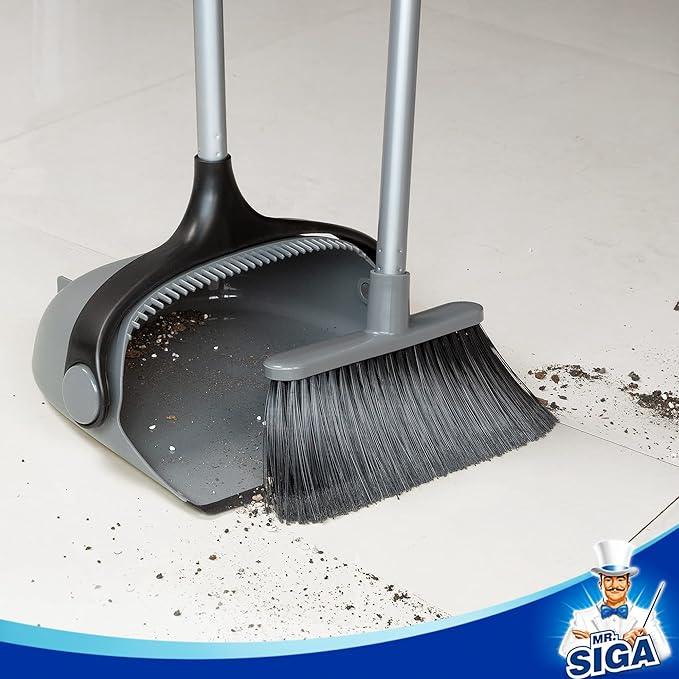 MR.SIGA Broom and Dustpan Set with Adjustable Long Handle, Upright Combo for Floor, Cleaning Lobby, Gray - NeatNest