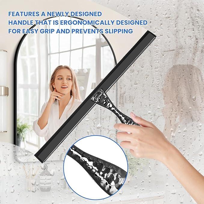 All-Purpose Silicone Shower Squeegee for Shower Glass Door,with 2 Hooks & Pink Mini Squeegee,for Bathroom Glass, Car, Tile Wall, Mirror Cleaning - Easy-Grip Handle 14 Inch Black - NeatNest
