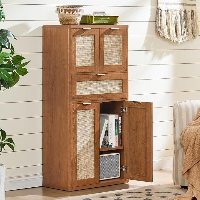 LEYAOYAO 48" Tall Storage Cabinet,Rattan Bathroom Floor Cabinets with 4 Doors & 1Drawer,Boho Kitchen Pantry with Adjustable Shelves,Wooden Cupboard for Living Room,Home Office,Dining,Brown - NeatNest