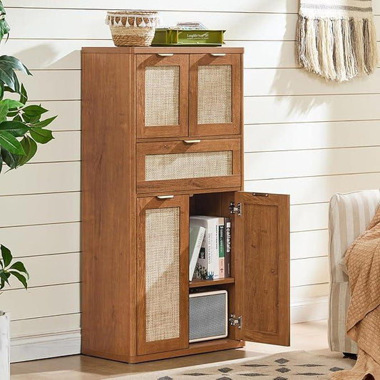 LEYAOYAO 48" Tall Storage Cabinet,Rattan Bathroom Floor Cabinets with 4 Doors & 1Drawer,Boho Kitchen Pantry with Adjustable Shelves,Wooden Cupboard for Living Room,Home Office,Dining,Brown - NeatNest