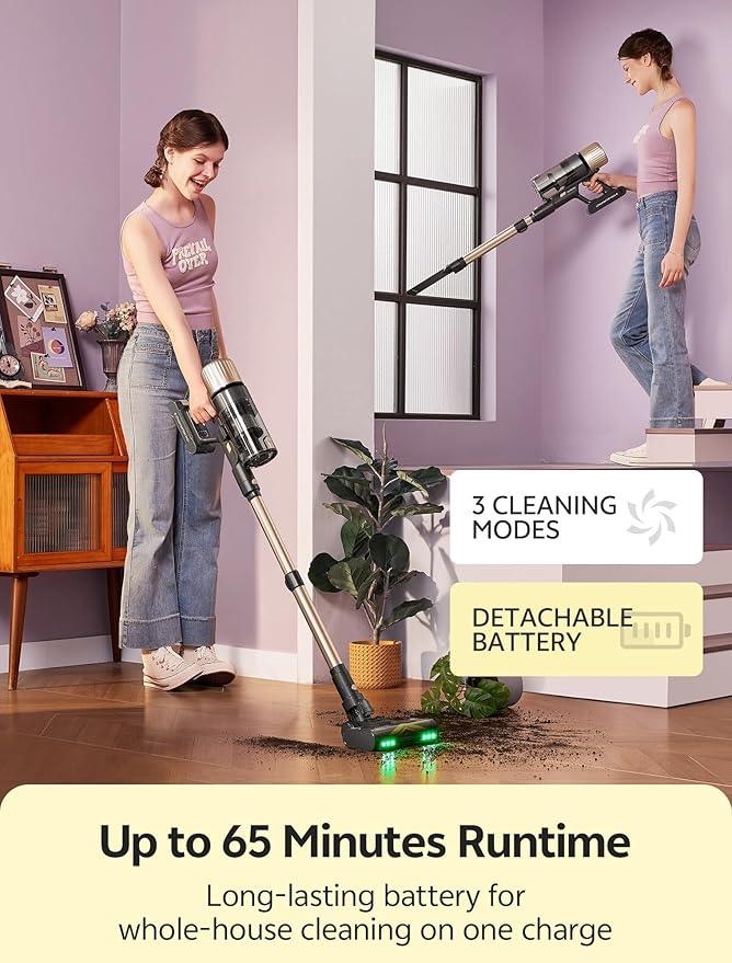 Ultenic Cordless Vacuum Cleaner, 550W 50KPA 65min Runtime, Stick Vacuum with Green Light, Self-Standing & 180° Lay-Flat, Anti-Tangled Brush, Vacuum Cleaners for Home/Hard Floor/Carpet/Pet Hair, U15 - NeatNest