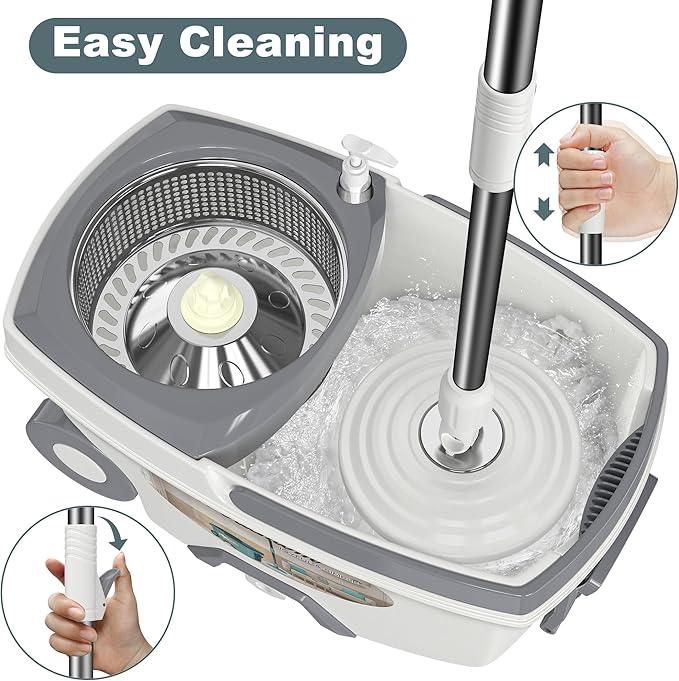 Mop and Bucket with Wringer Set,Spin Mop and Bucket System, Mops for Floor Cleaning,Household Supplies Tools with 6 Replacement Refills,61" Extended Handle for Household Hardwood Floor - White - NeatNest