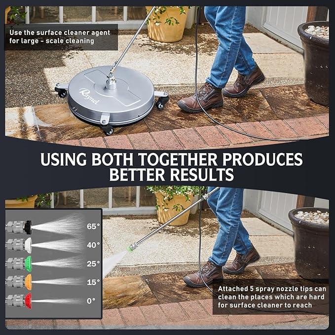 RAYNEL 18'' Pressure Washer Surface Cleaner with 4 Wheels, Stainless Steel Housing, 1/4" Quick Plug, 2 Extended Wands, 2 Replacement Nozzles and 5 Spray Nozzles - NeatNest