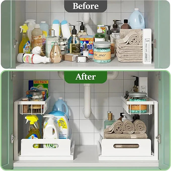 REALINN Under Sink Organizer, Pull Out Cabinet Organizer 2 Tier Slide Out Sink Shelf Cabinet Storage Shelves, Storage for Kitchen Bathroom, White, 2 Pack - NeatNest