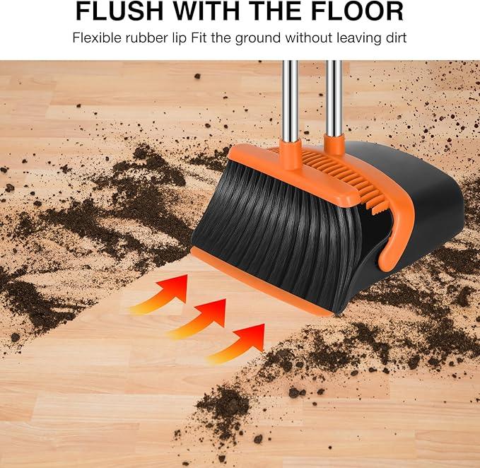 NACENA Broom and Dustpan Set, 52-in Long Adjustable Handle Broom Dustpan Combo with Dustpan Teeth to Automatically Clean Hair Suitable for Home Kitchen Office Hall Floor (Black&Orange), 4 Pack - NeatNest