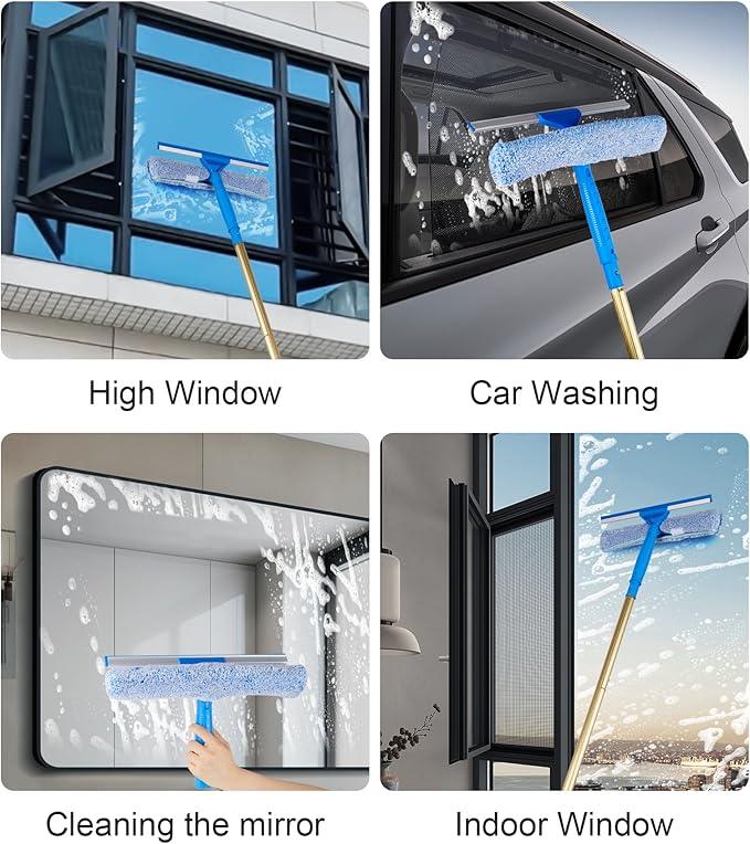 2 in 1 Window Squeegee Cleaning Kit with Aluminum Alloy Extension Poles, Scrubber, Glass Scrapper, Bendable Duster,2 Scrubber Cloth for Window, Car, Floor, Home, Garden - NeatNest