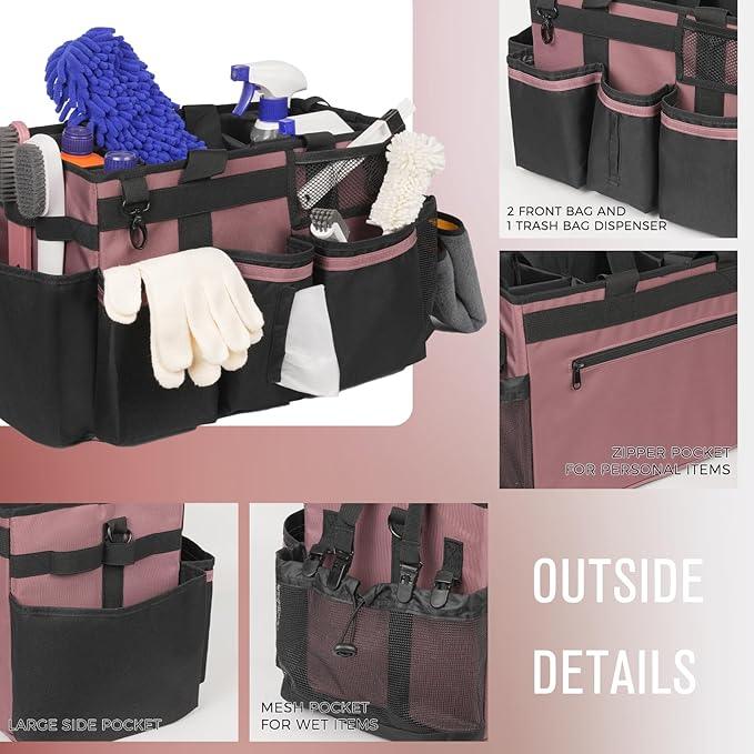 Wearable Cleaning Caddy, Cleaning Caddy Supplies Organizer with Handle & Shoulder Straps for Housekeepers, Under Sink & Car Cleaning Tool Organizers Bag with 4 Foldable Divider (LotusPink) - NeatNest