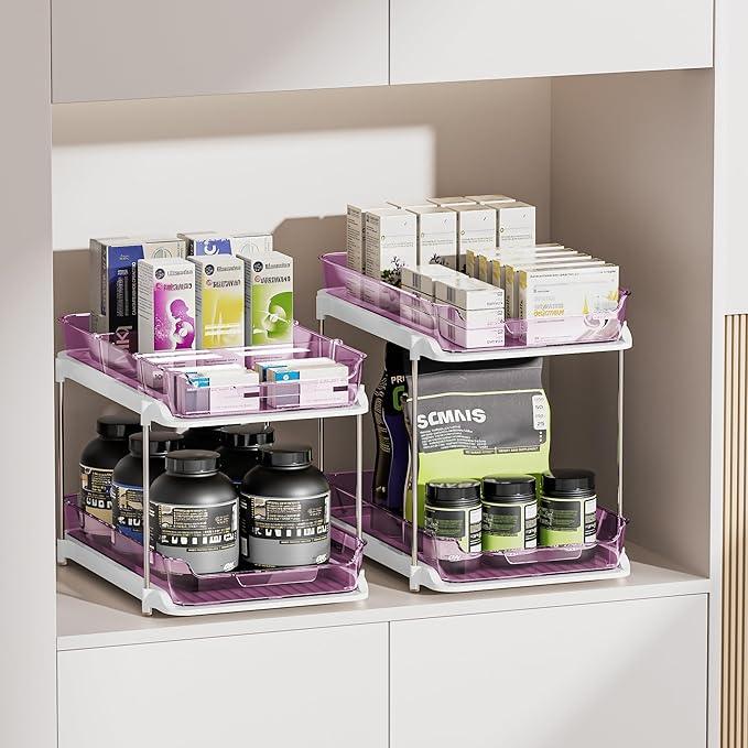 Delamu 2-Tier Multi-Purpose Bathroom Under Sink Organizers and Storage, Stackable Kitchen Pantry Organization, Pull Out Medicine Cabinet Organizer with Movable Dividers, Purple, 2 Pack - NeatNest