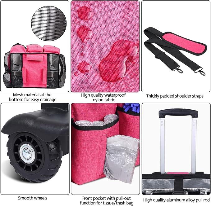 Extra Large Rolling Cleaning Caddy Bag with Detachable, Foldable Trolley Portable Cleaning Cart for Housekeeping Cleaning Caddy with Adjustable Shoulder Strap and Multiple Storage Pockets - NeatNest