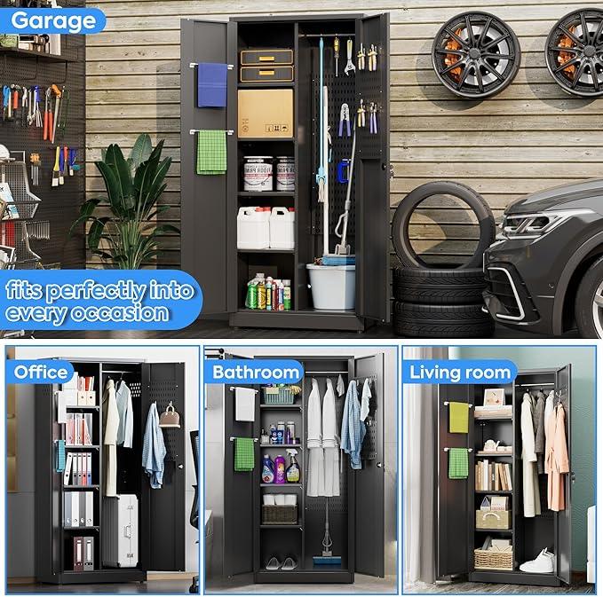 SUXXAN Broom Closet Storage Cabinet, 61.6" x 11.7" x 27.5" Metal Cleaning Cabinets with Hooks and Hanging Rods, Lockable Cabinet with Pegboard, Adjustable Shelf,for Garage, Laundry Room - NeatNest