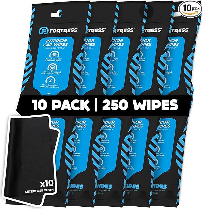 Fortress Car Interior Wipes with Microfiber Cloth (25 ct, Pack of 10) for Car Interior Cleaning, Dashboard, Seats, Detailing, and Steering Wheel [Travel Size] Skin-Safe Car Interior Cleaner Supplies - NeatNest
