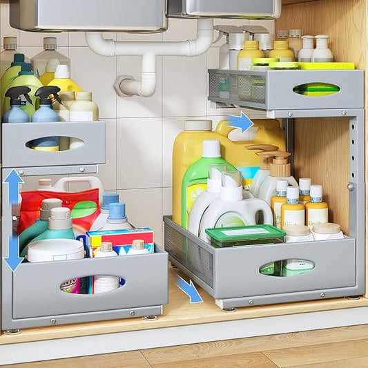 Under Sink Organizer, 2 Tier Pull Out Under Cabinet Organizer Shelf with Pad for Framed Cabinets, Metal Slide Out Under Sink Storage, Mesh Sliding Drawers for Kitchen Bathroom Laundry(Grey, 1 Pack) - NeatNest
