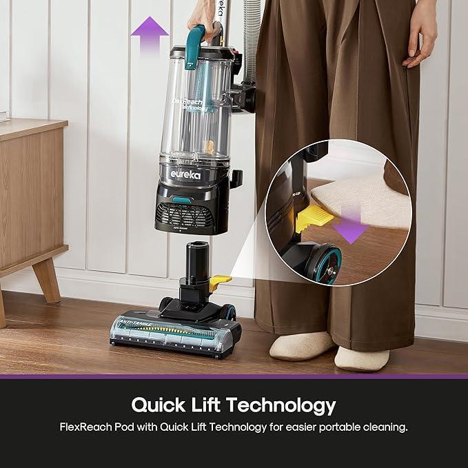 Eureka FlexReach Plus Bagless Upright Vacuum Cleaner for Home,Pet Vacuum for Carpet and Hard Floor, Lift-Up Vacuum with Flooring Type Sensor, HEPA Filter,Anti-Tangle, NEU652, Green - NeatNest